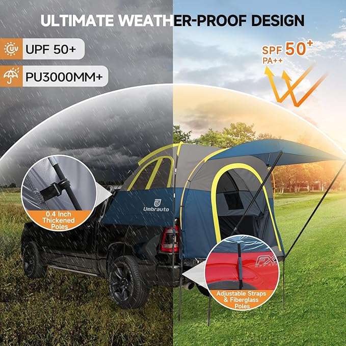 Umbrauto Truck Bed Tent with Awning: 5.5'-5.8' PU3000mm Waterproof Pickup Truck Tents, Easy Set-up for 2 Person, Fits Full Size Short Bed, Chevy, Dodge, Ford, GMC, Blue