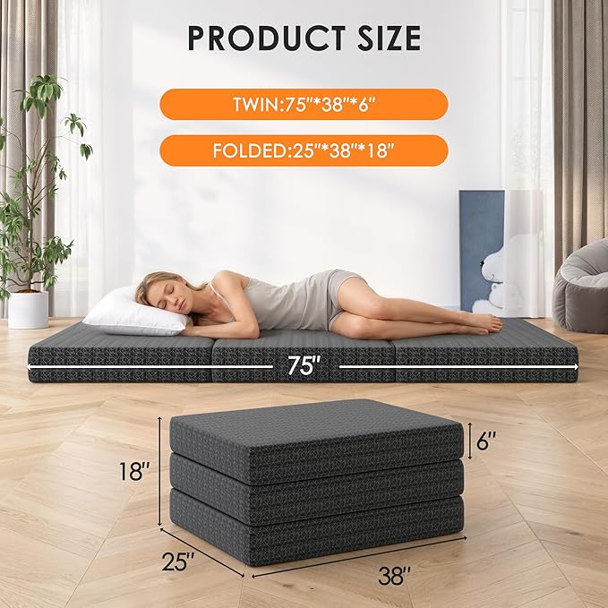 6 Inch Tri-Fold Mattress Twin Size, Portable Memory Foam Guest Bed with CertiPUR-US Certified Cooling Gel & Washable Cover, Folding Mattress for Camping, Dorm, RV & Living Room, Black