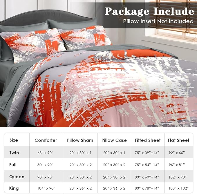 Comforter Set King Size, Urban Graffiti Orange Grey 7 Pcs Bedding for Kids and Adults, Abstract Paint Line Bed Sheet Sets with Fitted Sheet 2 Pillowcase & 2 Sham for Bedroom Bed Decor