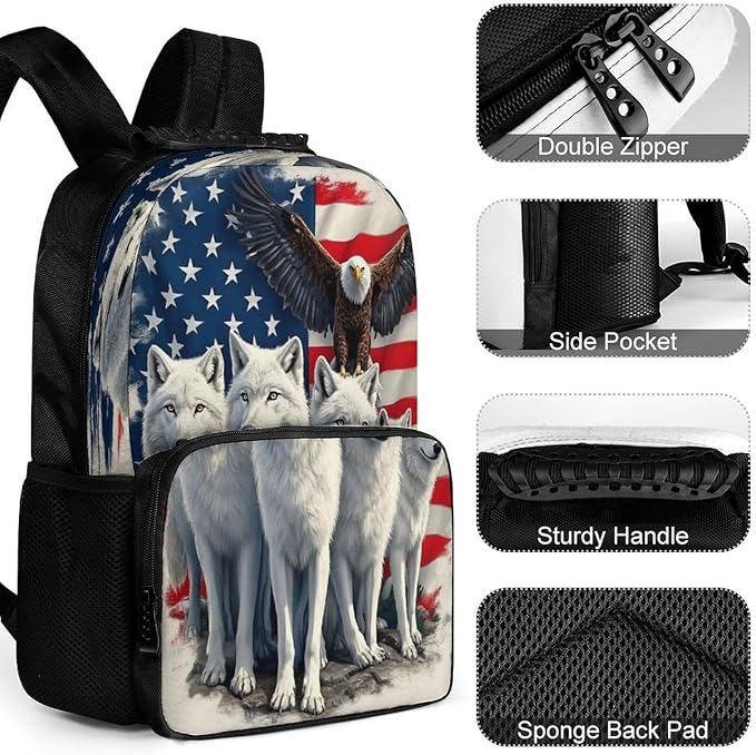 Rucksacks Polyester Anti-Theft Multipurpose American Flag Eagles Wolf Art Carry On Bag Large Capacity Gym Outdoor Hiking Backpack With Smooth Zippers
