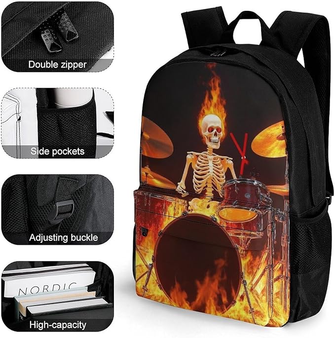 Lightweight Daypack Backpack for Trekking Work Running, Big Capacity Multipurpose Anti-Theft Bookbag, Rock Drum Fire Flame Skull Skeleton Business Computer Bag