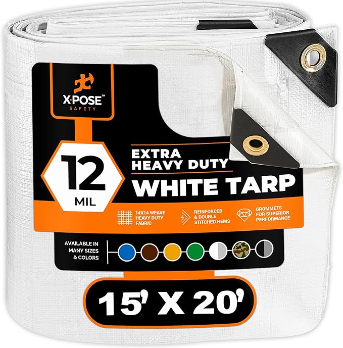 Heavy Duty White Poly Tarp 15' X 20' - Multipurpose Protective Cover - Durable, Waterproof, Weather Proof, Rip and Tear Resistant - Extra Thick 12 Mil Polyethylene - by Xpose Safety
