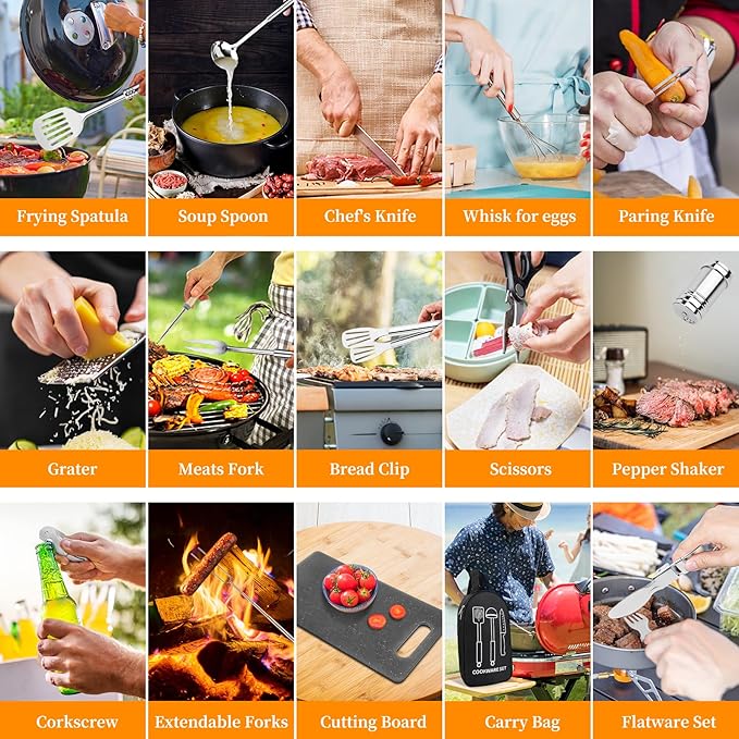 Camping Cooking Utensils Set, Stainless Steel Grill Tools, Camping BBQ Cookware Gear and Equipment for Travel Tenting RV Van Picnic Portable Kitchen Essentials Accessories