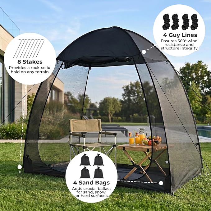 Alvantor® Pop Up Screen House Tent, Snap-fit Mesh Screen Gazebo with Peaked Roof, Portable Screen Room Canopy Shelter with Sandbags for Camping, Backyard, Picnic