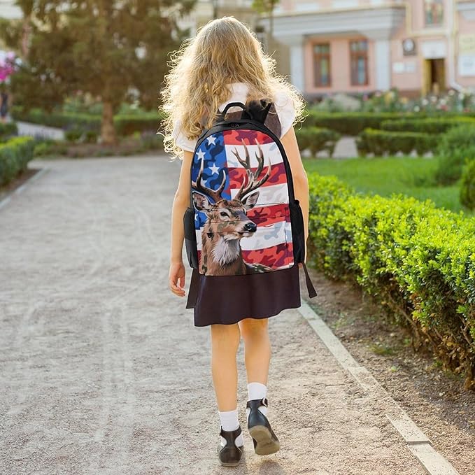 Men Women Lightweight American Flag Camo Deer Camouflage Art Daypack Bookbag Big Capacity Carry On Bag With Side Pockets for Camping Travel Bicycle
