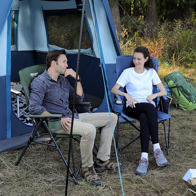PORTAL Oversized Folding High Back Portable Lawn Chairs for Adults Outdoor Camp Sports Hunting Fishing Backyard with Hard Armrest Cup Holder Carrying Strap, Supports 400LBS, Blue