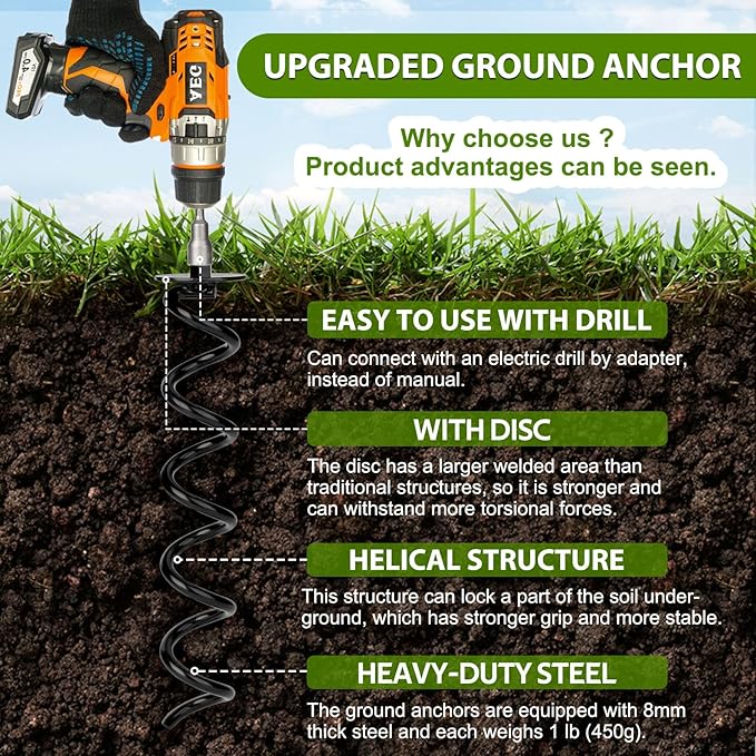 1 Pcs 15.3 Inch Ground Anchor Heavy Duty for High Winds Screw in Earth Anchor Swing Set Spiral Auger Stakes Suitable for Tent Trampoline Tree Garden Fence Sheds Swingset, Easy to Use with Drill