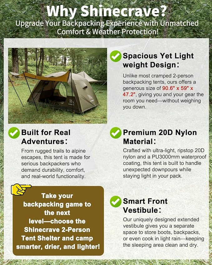 Camping Tent 2 Person,Ultra Large Capacity, 20D Nylon, Lightweight 3 Season Backpacking Tent 2 Person, PU3000mm, Free Standing, Ideal for Camping, Hiking, Glamping, Mountaineering