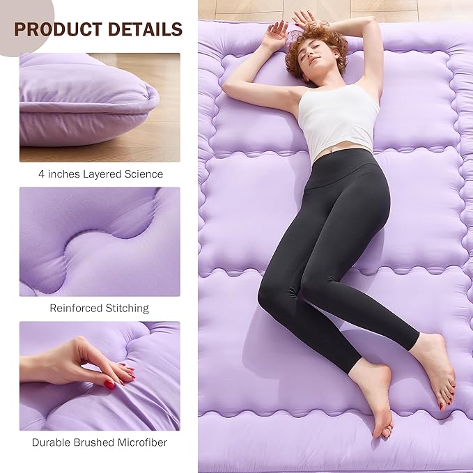 Japanese Floor Futon Mattress Twin Size, 4" Thicken Foldable Mattress Tatami Mat Sleeping Pad, 25D Foam Filled Traditional Shiki Futon (shikibuton), Designed in Japan (Purple 39"x 80")