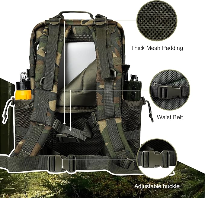 30L MOLLE Assault Pack, Tactical Backpack Military Army Camping Rucksack with Bottle Holder, 3-Day Pack, US Woodland