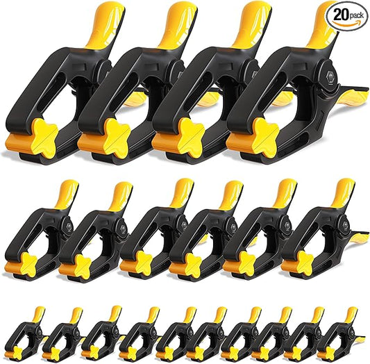 Spring Clamps for Woodworking, Crafts, Backdrop and Pool Cover, 20-Pack Spring Clamp Set with 4 Pcs of 6-inch, 6 Pcs of 4-inch & 10 Pcs of 3-inch Clamps, Extra Wide & Non-Detachable Jaw Pads