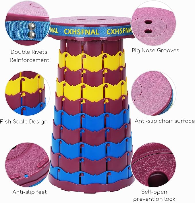 Upgraded 2 Pack Portable Collapsible Stool,Folding Camp Stool for Adults,Lightweight Sturdy 400lbs Load Capacity Retractable for Fishing Hiking Camping Gardening Hunting BBQ(Blue Yellow Purple)