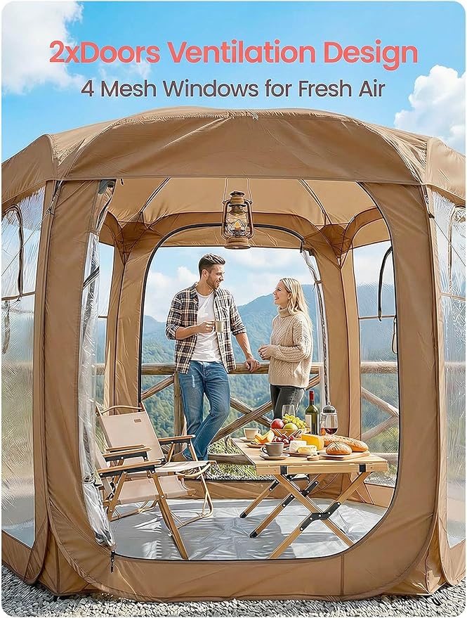 Porayhut Pop up Bubble Tent Screen House 10’X10’Large Camping Sun Shelter,Weather and Cold Proof Pod with Detachable Sunshade Cloth,Waterproof Floor,2 Zipper Doors & 4 Mesh Breathable Windows