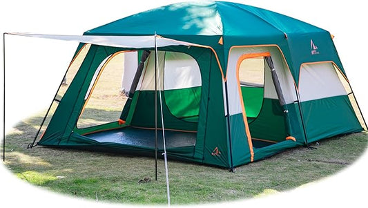 KTT Extra Large Tent 6-10-12-14 Person(B),Family Cabin Tents,2 Rooms,3 Doors and 3 Windows with Mesh,Straight Wall,Waterproof,Double Layer,Big Tent for Outdoor,Picnic,Camping,Family Gathering