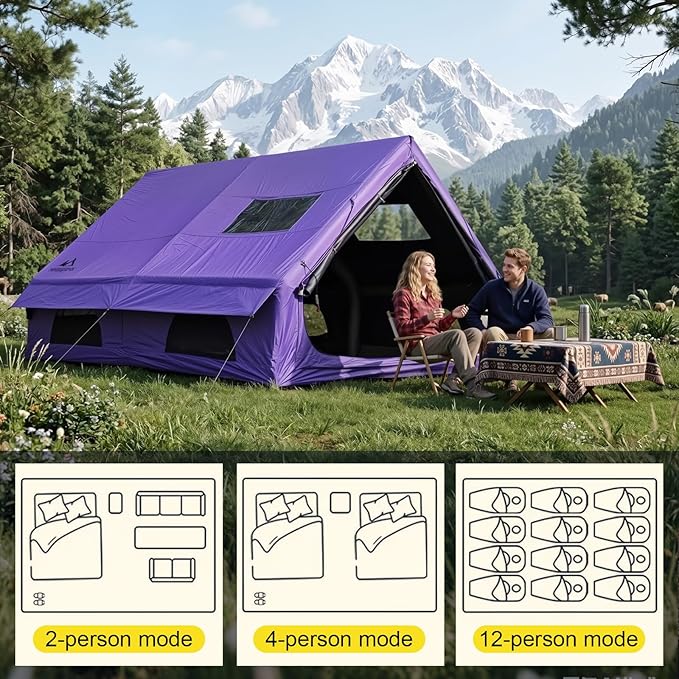 Inflatable Camping Tents 8-10 Person,129 Square Feets Large Inflatable Camping Tent with Stove Jack,Blow up Tent with Mesh Windows & Pump