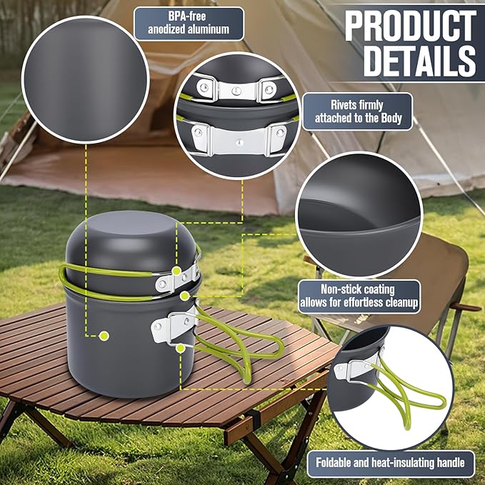 Camping Cookware Set, 16pcs Lightweight Backpacking Mess Kit with Camping Pots and Pans, 2 Cups, Fork Spoon, Survival Cooking Kit for Outdoor Hiking and Picnic