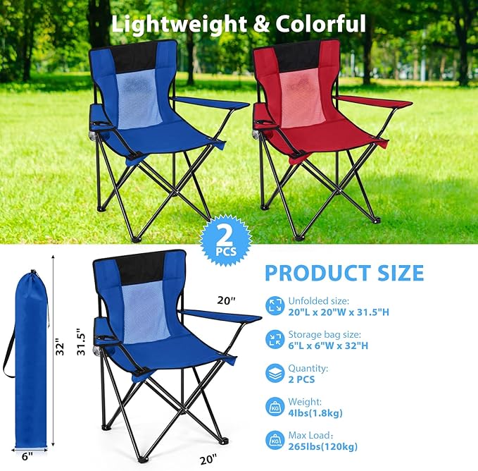 Shellwei 2 PCS Folding Camping Chair with Cupholder and Carry Bag Regular Size Colorful Breathable Portable Lightweight Lawn Chair with Side Pocket for Fishing Hiking Beach Outdoor Activity