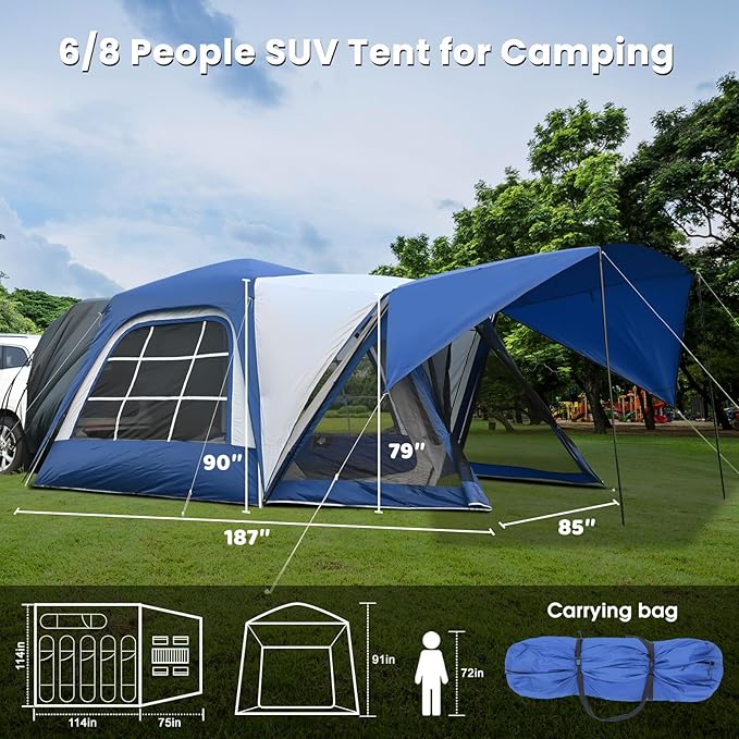 SUV Tent Attachment for Camping, Car Tents for SUV Tailgate Tents with Screen Room & Awning,Easy Set Up Car Camping Pop Up Tent - NavyBlue