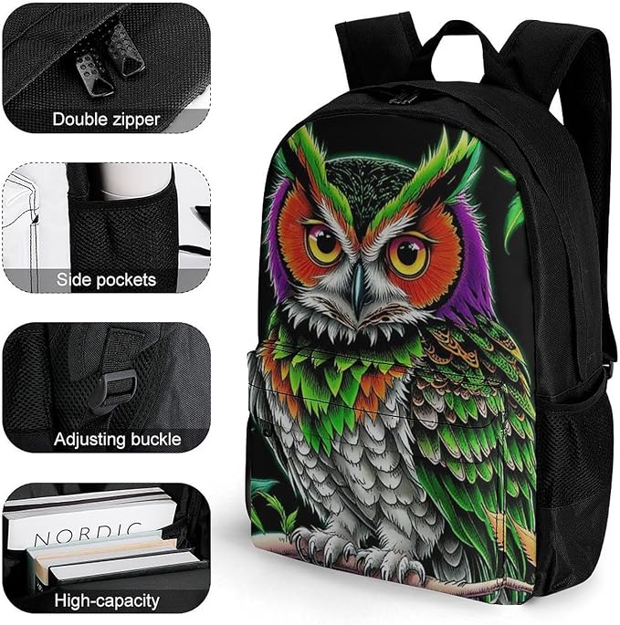 Supdreamc Rucksacks Polyester Anti-Theft Multipurpose Owl Green Weedleaf Art Carry On Bag Large Capacity Gym Outdoor Hiking Backpack With Smooth Zippers