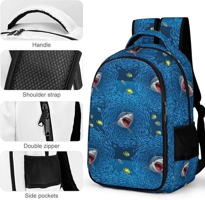 Casual Travel Laptop Backpack Shark Blue Ocean Printing, Lightweight Anti Theft Computer Bag with Large Capacity for Men Women College Work