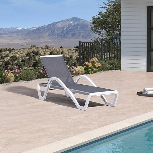 PURPLE LEAF Patio Chaise Lounge Chair Outdoor Plastic Textilene Sun Bathing Recliner Tanning Pool Lounger with 6 Adjustable Position for Outside Beach in-Pool Lawn Poolside, Gray