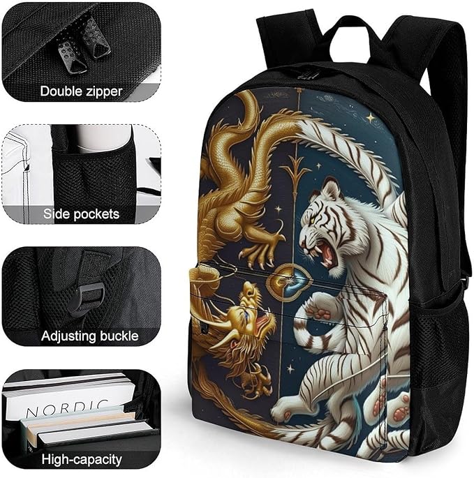 Supdreamc Shoulder Book Bags Polyester Multipurpose Anti-Theft Yin Yang Gold Dragon White Tiger Art Carry On Bag Large Capacity Travel Hiking Camping Rucksack