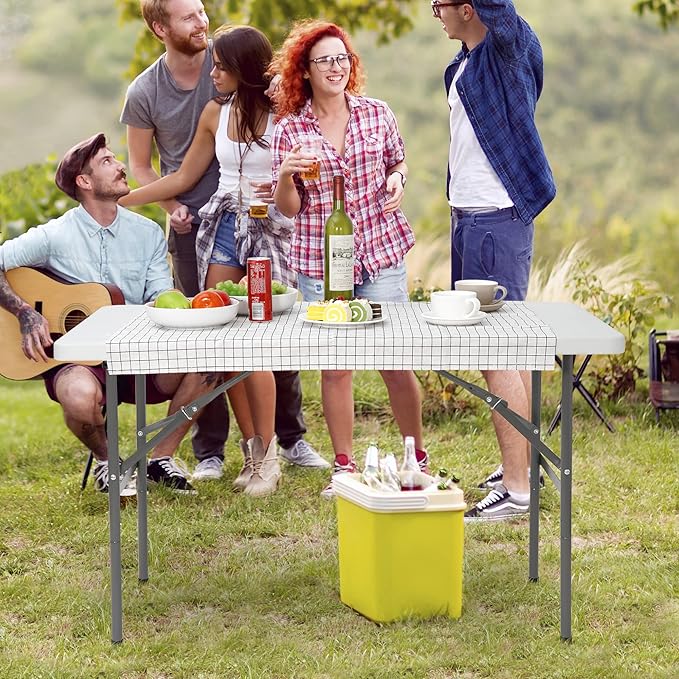 SUPER DEAL Portable 4 Foot Plastic Folding Table, Small Indoor Outdoor Heavy Duty Fold-in-Half Picnic Party Camping Barbecues Table with Carrying Handle, White