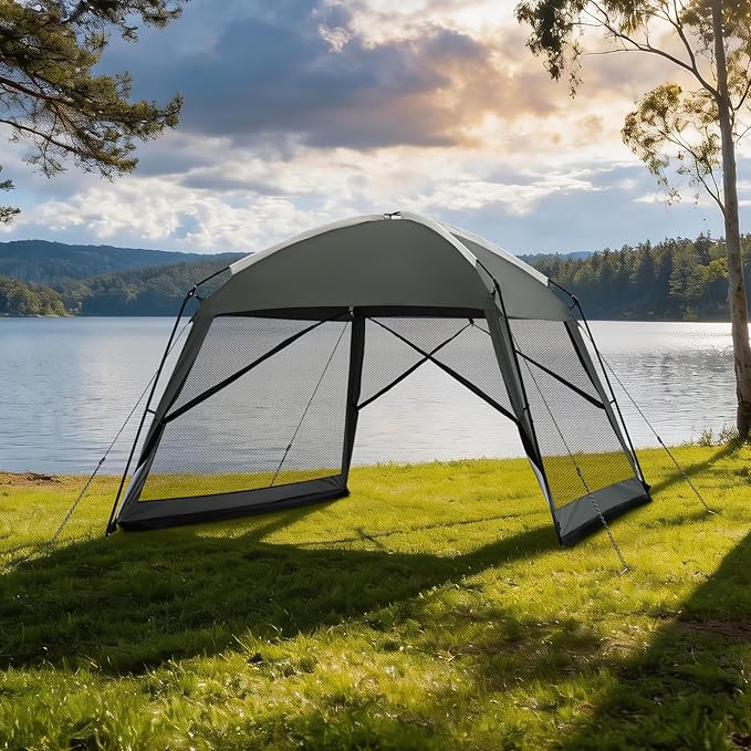 12 x 12 FT Camping Screen Tent for 8-10 Person, Easy Setup Screen House with UV 50+ Sun Protection & Mosquito Net for Camping, Backyard, Picnic, Patio Outdoor Gray