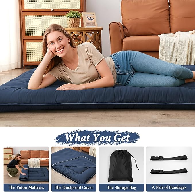 DAICO Japanese Floor Mattress, 4'' Thicken Futon Mattress Tatami Mat, Sleeping Pad Foldable Roll Up Mat for Camping and Guest Room, Queen Size 60''*80'', Navy