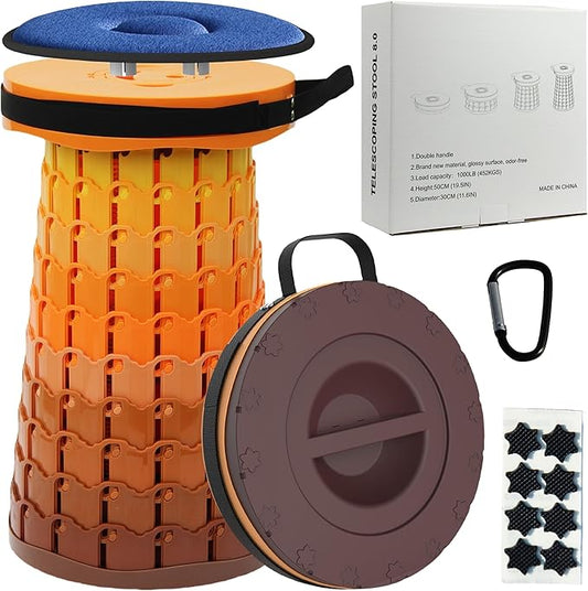 ALEVMOOM 2025 Upgraded XXL Collapsilbe Stool with Cushion,More Sturdy and Height 19.7",D11.8,Portable and Lightweight Adjustable Chair Telescoping Stool for Camping Hiking BBQ Max Loading 1000Ibs