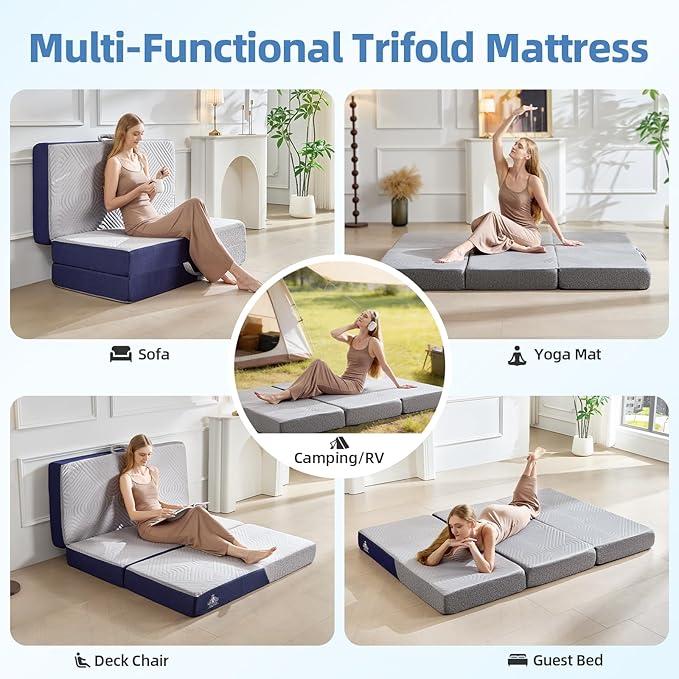 Cooling Foldable Mattress, 4 Inch Memory Foam Mattress/Topper with Cold Breathable Effect, Trifold Mattress for Murphy Bed, Portable Folding Floor Bed for Guest, Camping, Travel, Yoga - Full