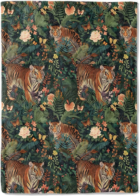 Jungle Tiger Fleece Blanket - 50x60in Exotic Flower Majestic Lush Throw Blankets,Soft Cozy Lightweight, Ideal for Living Room Home Rustic Decor and Kids Women Girls Spring Gifts