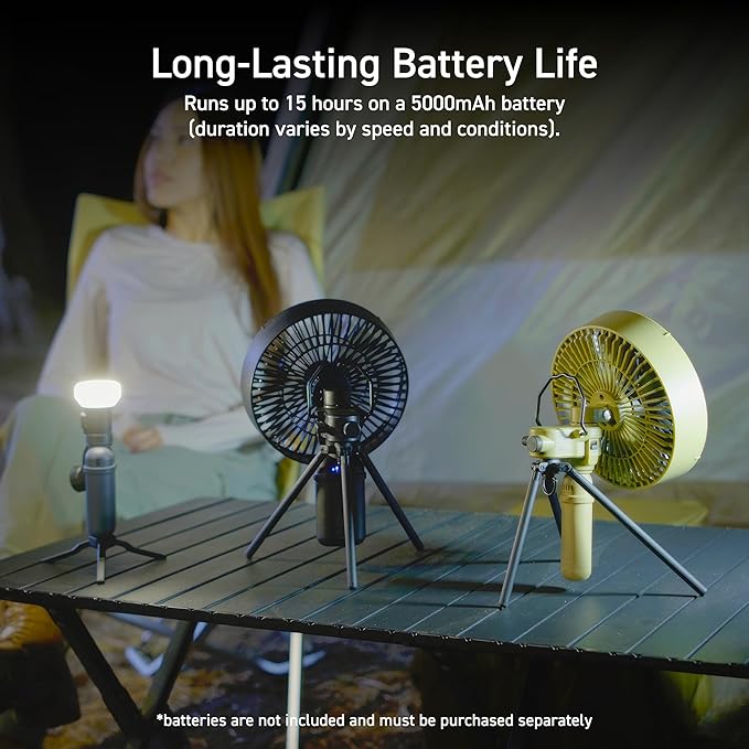 ELECOM NESTOUT Outdoor Camping Fan with Tripod, 4 Speed Settings & Breeze Mode, 3 Angle Oscillation, 90° Adjustable Tilt, Auto Timer (30/60/90 mins), USB C Compatible, Portable Tent Fan (Beige)