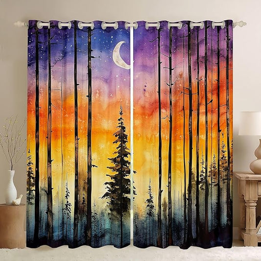 Happy Camping RV Kids Blackout Curtains,Starry Sky Moonlight Pine Tree Natural Nursery Bedroom Playroom Decor,Camper Rustic Farmhouse Adventure Window Drapes,Orange 2 Panels,52Wx63L inch