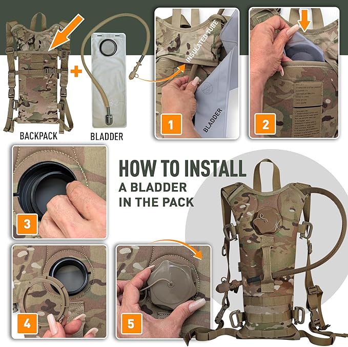 Multicam MOLLE Hydration Carrier – Holds 3-Liter Water Bladder – Tactical Military Backpack for Hiking, Biking, Camping, and Outdoor Use