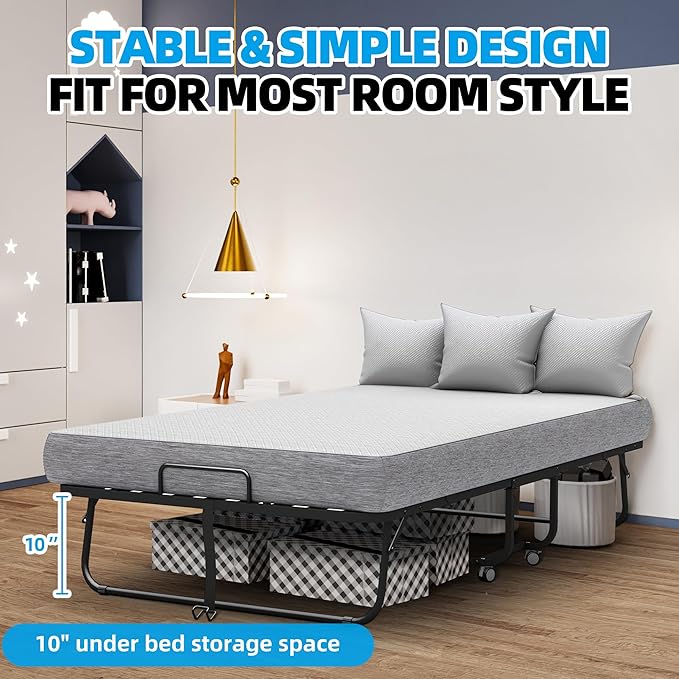 Folding Bed with Mattress 75" x 38" for Adults Twin Size Folded Rollaway Guest Portable Foldable Extra Fold up Bed with 5-Inch Memory Foam Mattress Space-Saving Sturdy Metal Frame