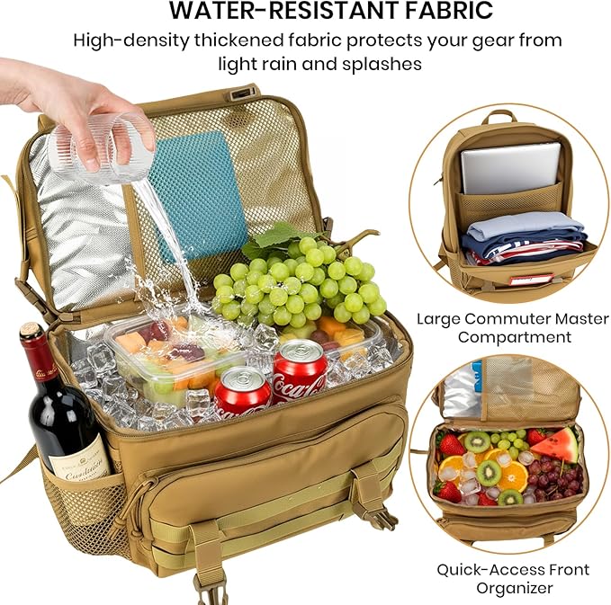 Tactical Cooler Backpack for Men, 41L Insulated Leakproof Lunch Backpack with 16” Laptop Compartment, Heavy Duty Double Deck Soft Cooler Bag for Work, Fishing, Camping, Hiking – Coyote Tan
