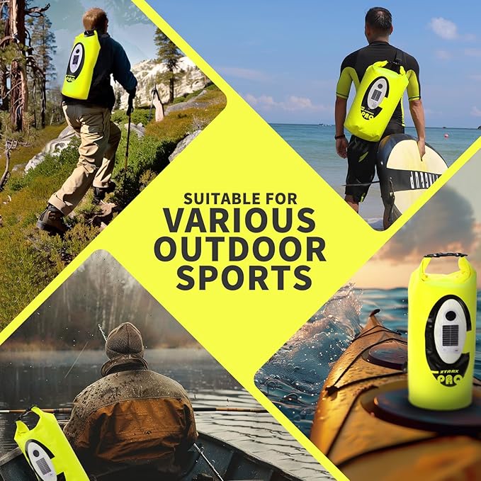 FELICON Solar/Battery Multi-Functional Backpack with Bluetooth Speaker,IP66 Waterproof Dry Bag,Heavy Duty Roll Top Closure,Large Capacity Bag for Camping,Hiking,Traveling (Neon Yellow 10L)