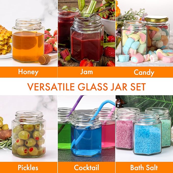 AuroTrends 9oz Honey Jars with Dipper 6Pack, 270ML Small Glass Jars with Lids -Small Canning Jars with Wooden Dippers/Bee Charms/Stickers/Jute Twine (9fl.oz-6Pack)