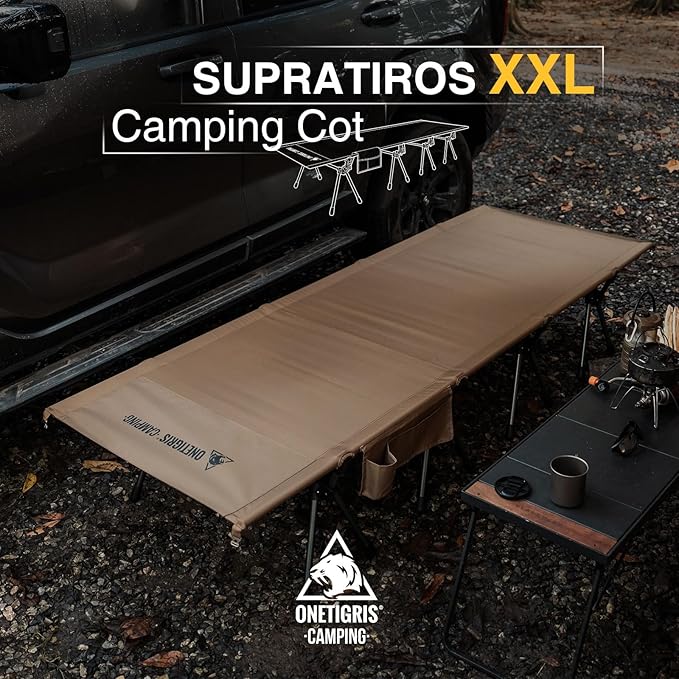 ONETIGRIS SUPRATIROS Extra Large Camping Cot, Height Adjustable Oversized Sleeping Cot with Extending Legs for Camping, Car Trips, Truck, Beach, Office Nap, Sturdy Supports Up to 400 lbs