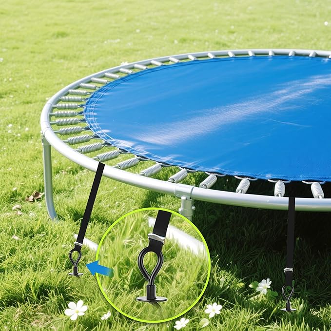 Trampoline Stakes 4 Pack, Spiral Ground Anchors Screw in, Swing Set Anchors, Earth Anchor Ground Stakes Heavy Duty with Straps for CarPorts, Sheds, Tents, Swing Sets, Camping, Mobile Home