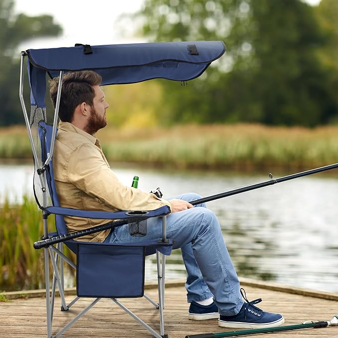 Elevon Camping Chair, Oversized Folding Chair with Canopy, Portable Outdoor Chair with Arms, Cup Holder and Carry Bag for Camping, Fishing, Beach, and Sports, Indigo