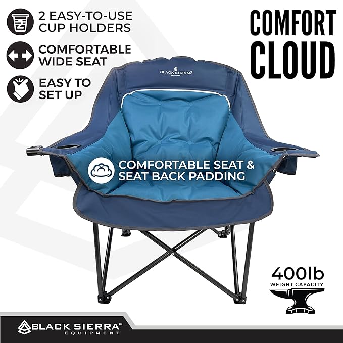 Black Sierra Plush Camping Chair for Sports & Outdoors, Oversize XL Outdoor Folding Chair Supports 400 lbs, Heavy Duty Lounge w/Cup Holders & Carry Bag (Denim Blue)