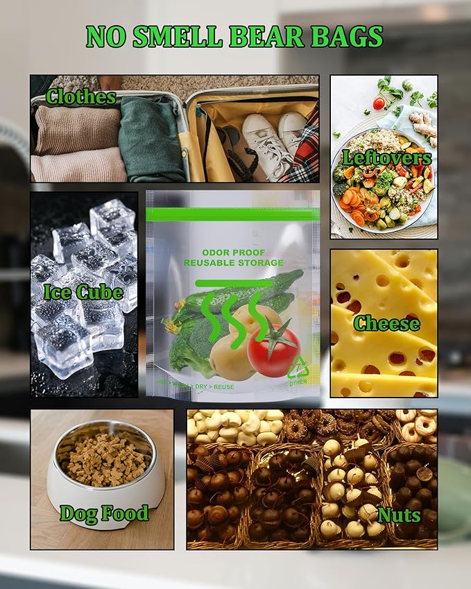 Smell Proof Food Bags - 8.5 x 10 Inch Smell Proof Freezer Bags for Camping and Food Storage - Reusable Odor Proof Bags Stand Up Clear Double Zip and Odor Control(5 Pack)