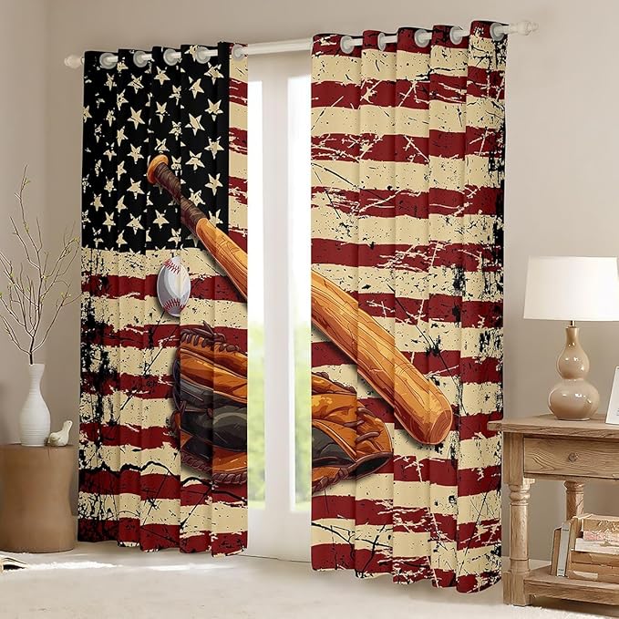 Manfei Baseball Blackout Curtains Vintage American Flag Window Drapes,Ball Sports Gaming Theme Window Treatments,Kids Boys Girls Room Decor,Grommet Top 2 Panel Set Bedroom Curtains, 42Wx63L inch