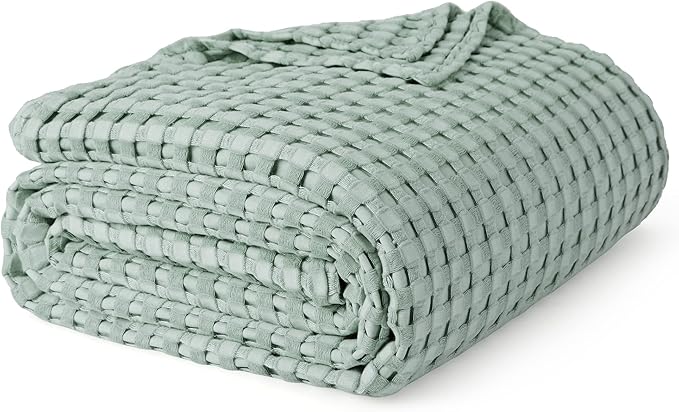Bedsure Cooling Cotton Waffle Queen Size Blanket - Lightweight Breathable Summer Blanket of Rayon Derived from Bamboo for Hot Sleepers, Luxury Throws for Bed, Couch and Sofa, Sage Green, 90x90 Inches