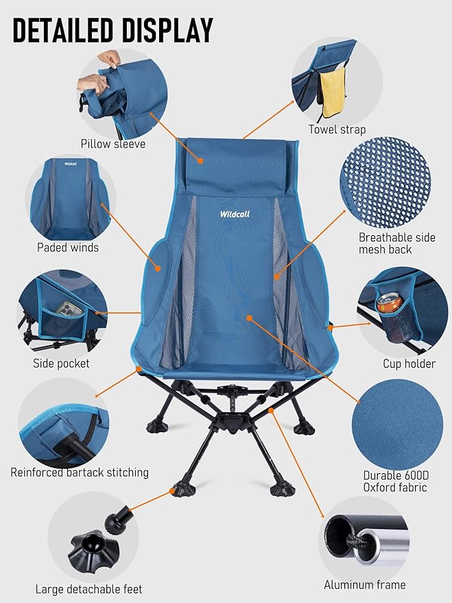 WildCall Lightweight Folding High Back Camping Chair with Head Support, Compact Beach Chair with Anti-Sinking Large Feet and Three Tilt Angles Adjustment
