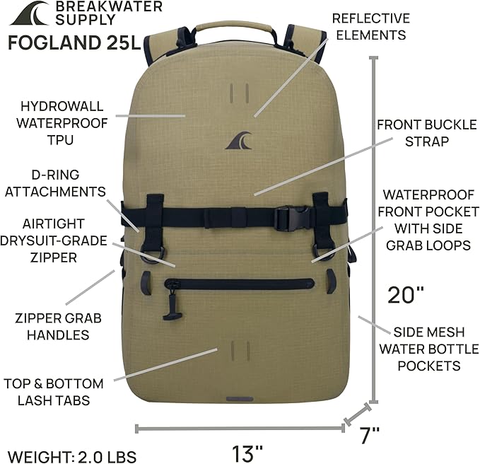 Breakwater Supply™ Fogland Waterproof IP68 Submersible Backpack with Airtight Zippers | Laptop Travel Outdoors | 25L 20L 15L | 100% Waterproof, Submersible, Airtight Zippers, Travel Outdoors