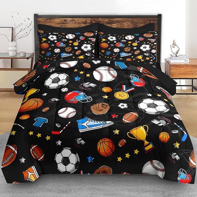 Comforter Set Twin Size, Basketball Football Baseball 5 Pcs Bedding for Kids and Adults, Hockey Soccer Sport Bed Sheet Sets with Fitted Sheet Pillowcase & Sham for Bedroom Bed Decor