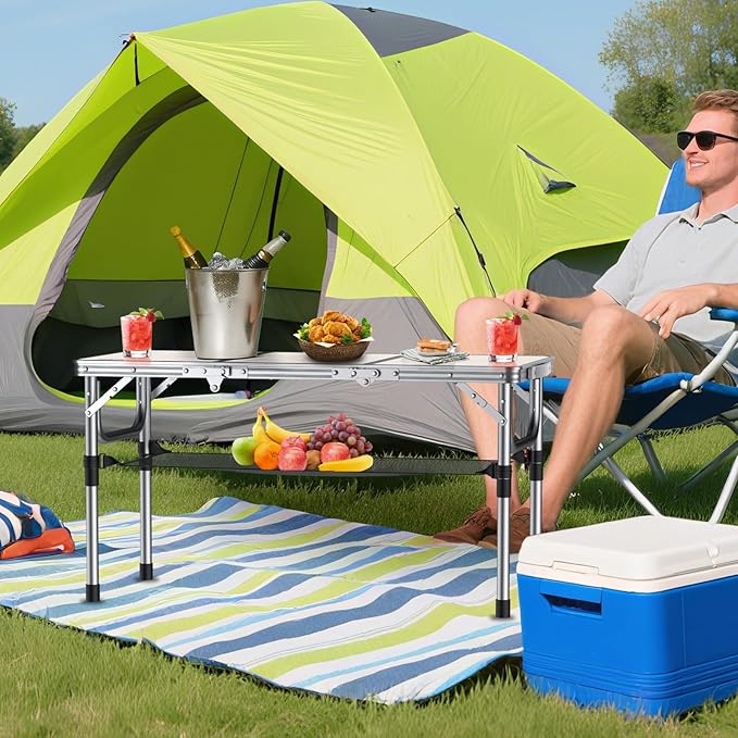 Folding Camping Table with Storage Net, 3ft Camping Table Aluminum Folding Table with 3 Adjustable Height Max 27.1 Inch, Portable, for Outdoor Backyard BBQ, Silver
